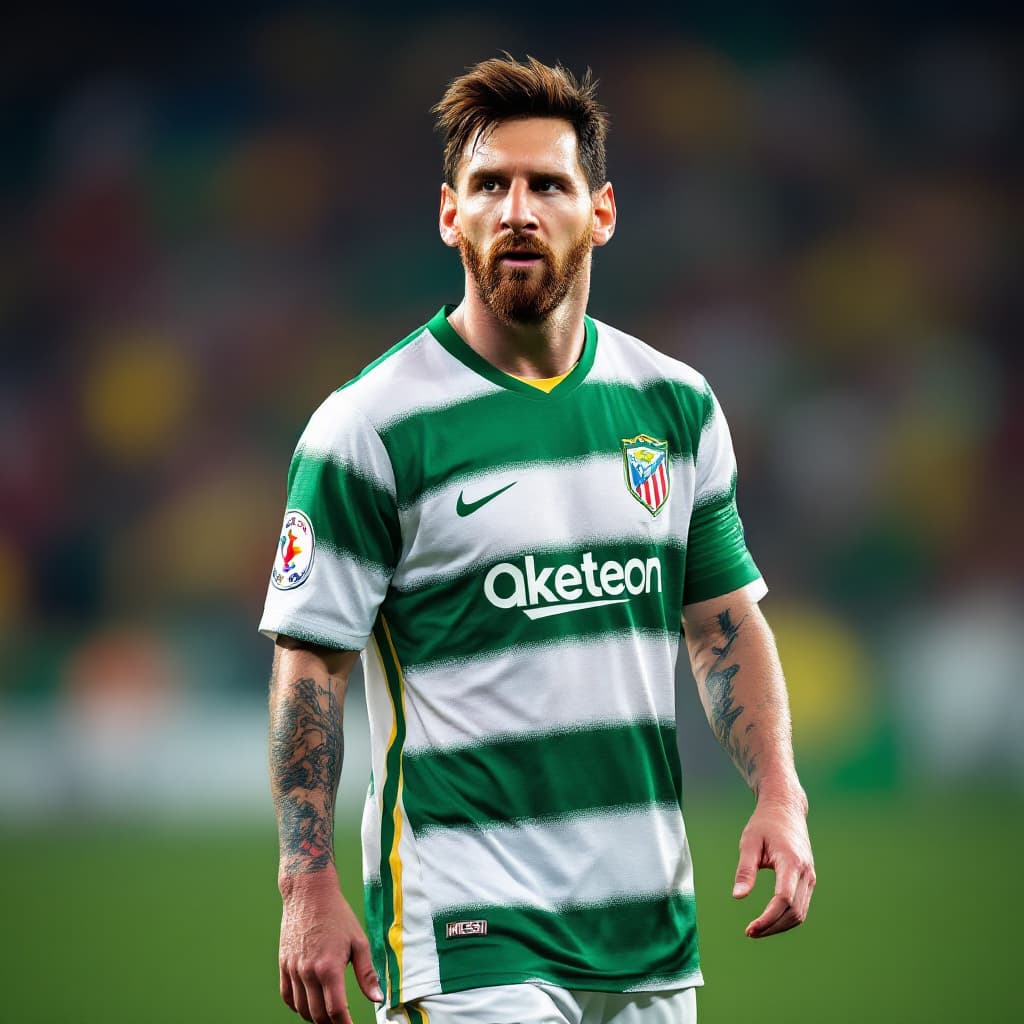 AI generated: An image of Lionel Messi wearing the soccer jersey of Atlético Nacional. Messi is depicted in his ic...