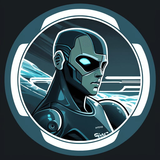 AI generated: sci-fi realistic art style, a square cyborg icon of a futuristic wave surfer surfing out from the ce...