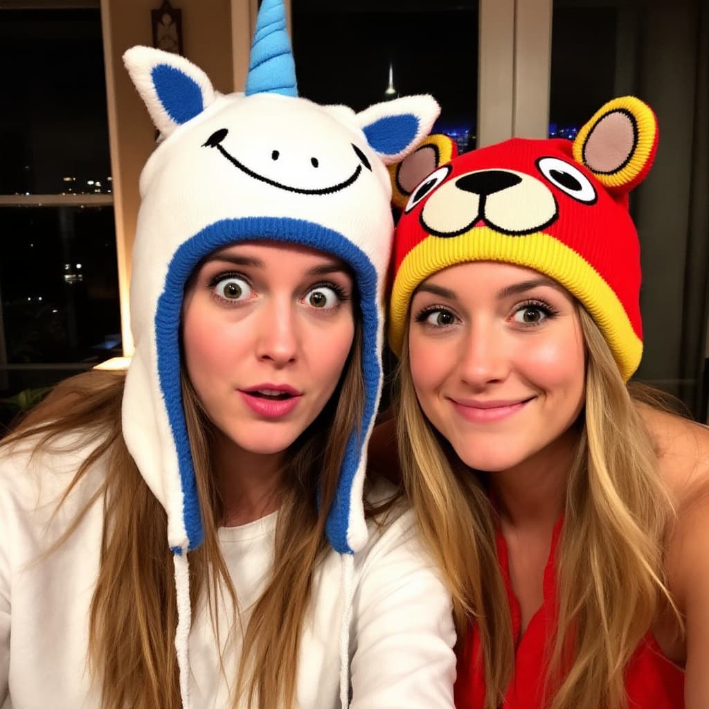 AI generated: The image shows two female, posing closely together, wearing playful, colorful beanies with cartoon-...