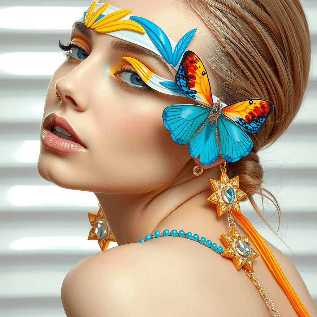 AI generated: The image is a close-up portrait of a young woman's face and upper body. She has blonde hair styled ...