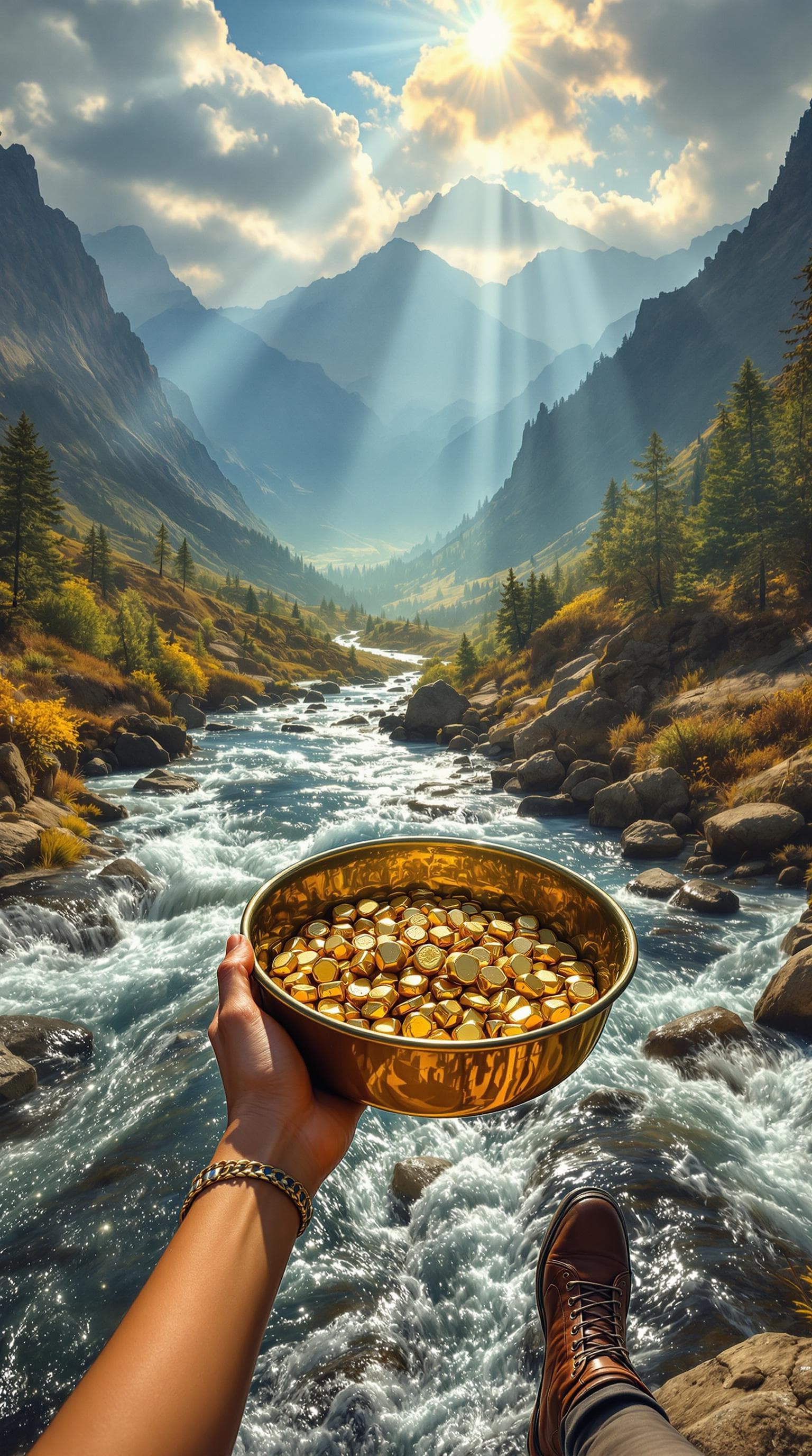 AI generated: first person girl  POV, hands holding gold pan with visible gold nuggets, her leather boots crossed ...