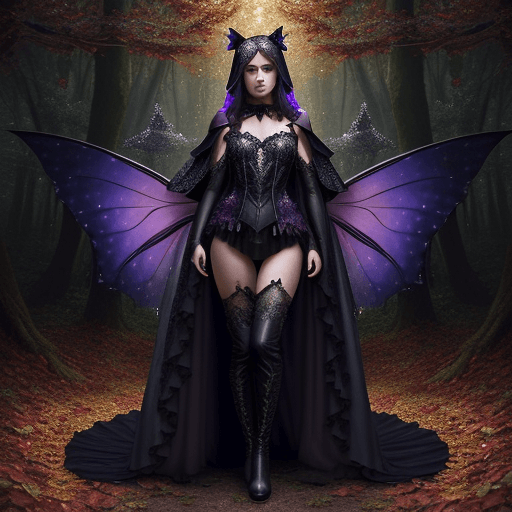 AI generated: Realistic jewel tones photograph of detailed full body costume on autumn faerie protecting the night...