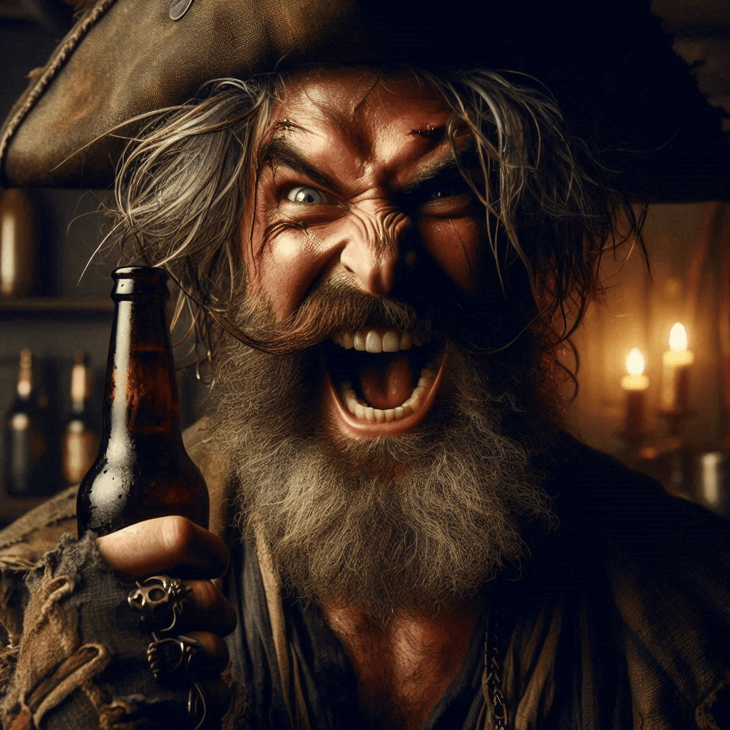 AI generated: Close-up cinematic professional photo of an angry laughing pirate, standing in a dimly lit tavern, c...