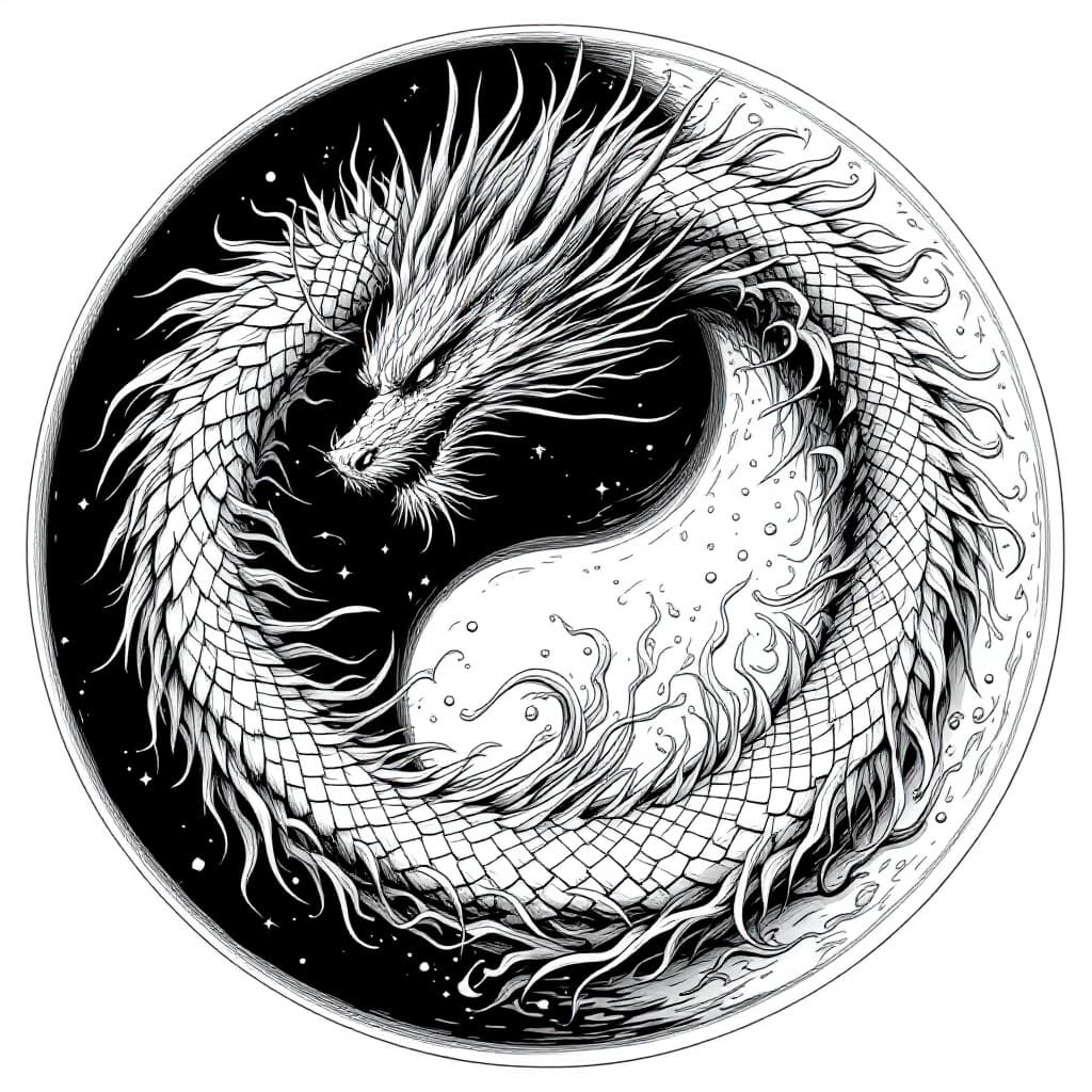 AI generated: create a yin yang, Add a highly detailed dragon into the art. Greyscale mode
