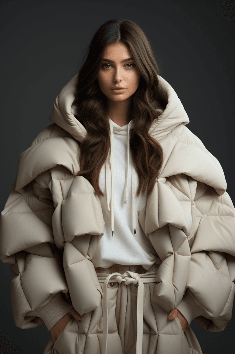 AI generated: The woman in the photo is standing against a beige background, a Tumblr personality. Her outfit cons...