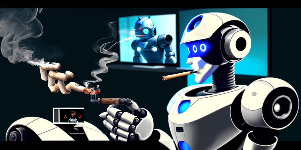 AI generated: A European robot humanist playing a video game while smoking a pipe