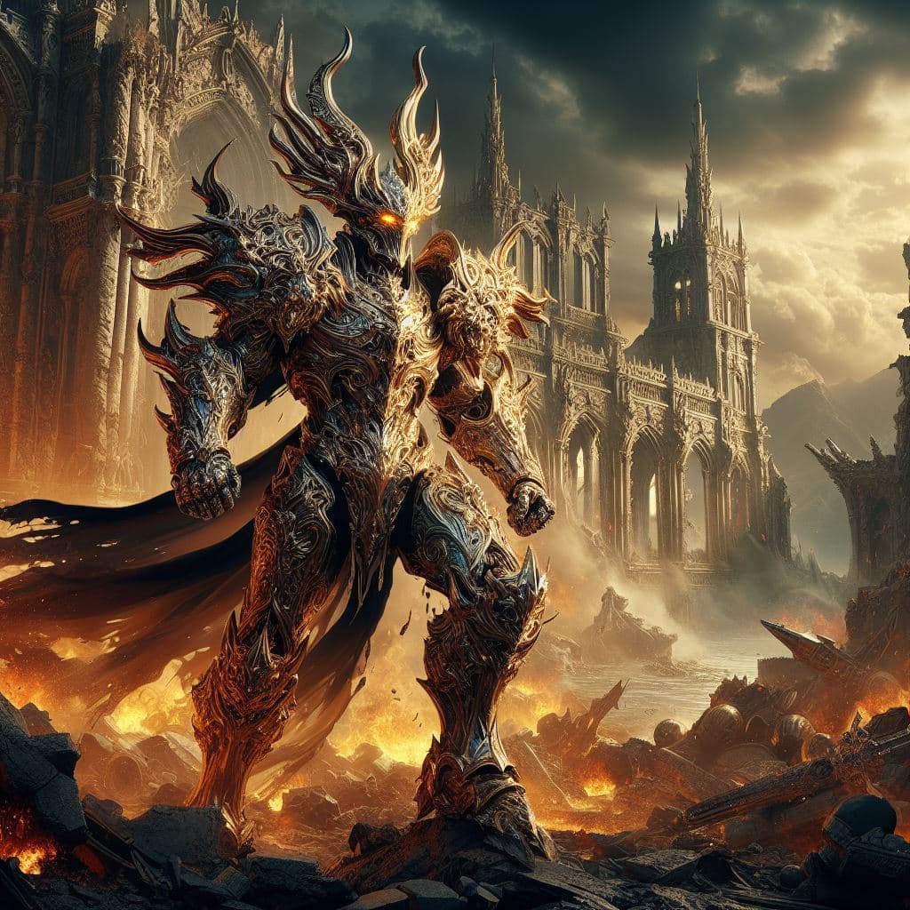 AI generated: Extreme detailed and ornate shiny silver golden armored devil standing amidst the ruins, action scen...