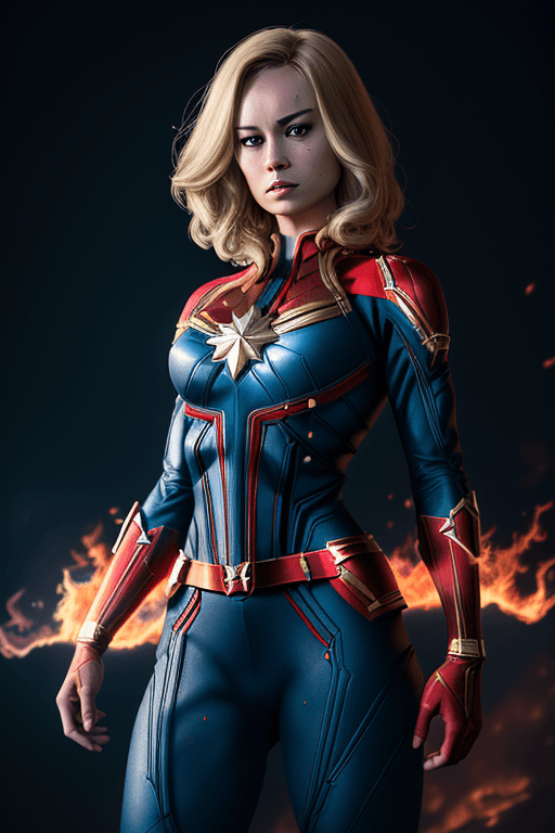 AI generated: female dressed as captain marvel, ((nude)), (sexy), fire, (full body visible), looking at viewer, po...