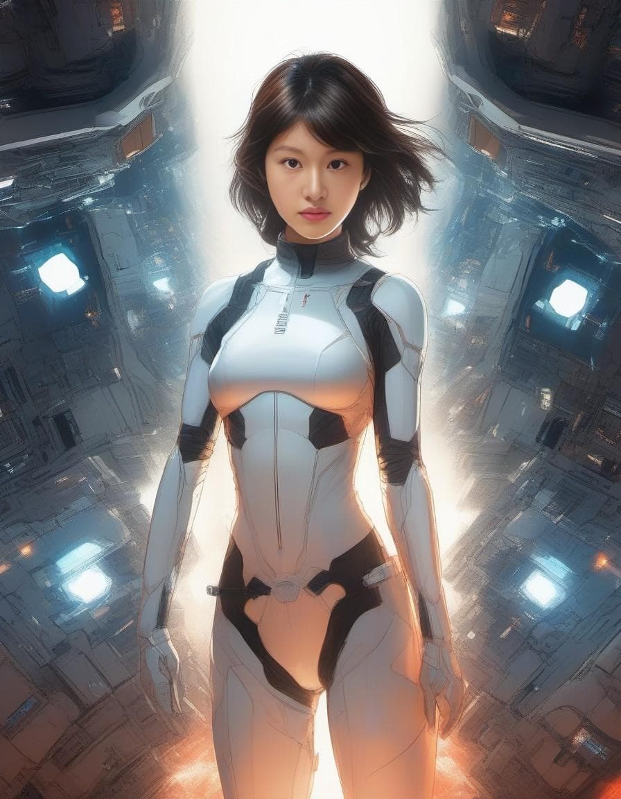 AI generated: Girl in underpants, spaceship inside, Tsutomu Nihei style, Sidonia no Kishi, gigantism, laser genera...