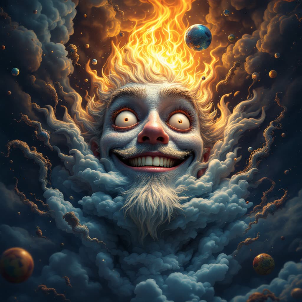 AI generated: A man with humorous smile, mad sky hallucination by Mundford, baroque maximalist, chibi by Artificia...