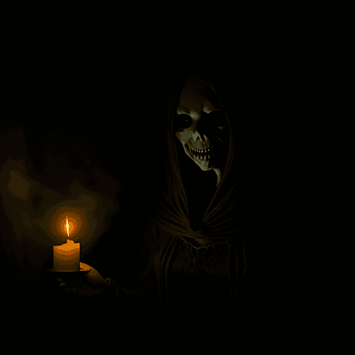 AI generated: spooky story teller in a haunted House,candles,dramatic light,,misty,night,creepy