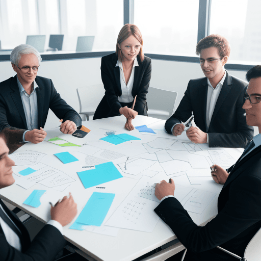 AI generated: Create an image of a bunch of business executives collaborating in a sunny room with flip charts and...