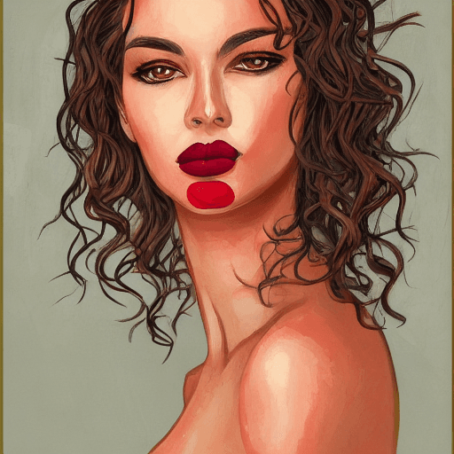 AI generated: Generate an paint of a woman with long, curly brown hair, olive skin tone, brown eyes, and red lips....
