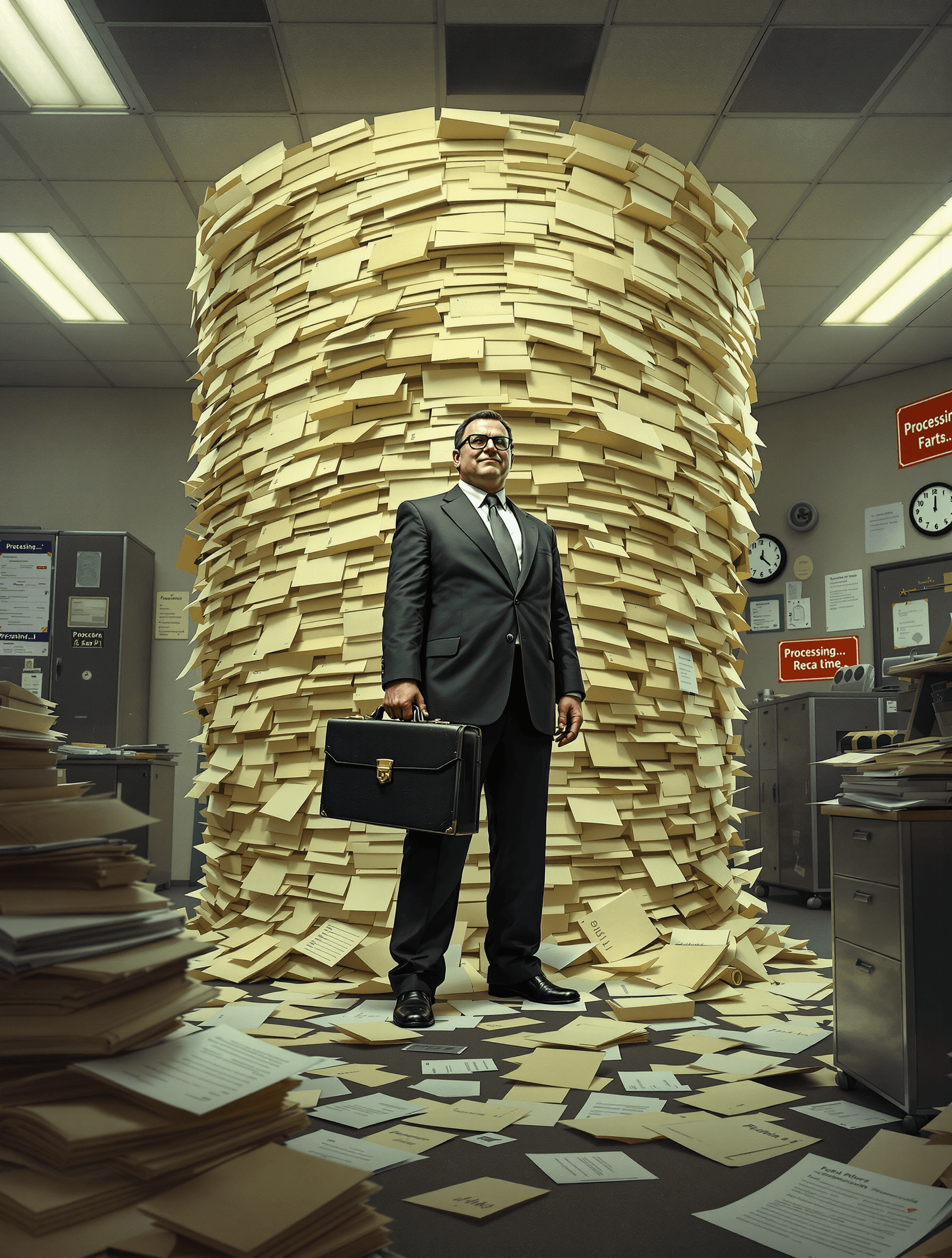 AI generated: A mundane-looking man in a wrinkled, ill-fitting business suit stands with unsettling confidence in ...