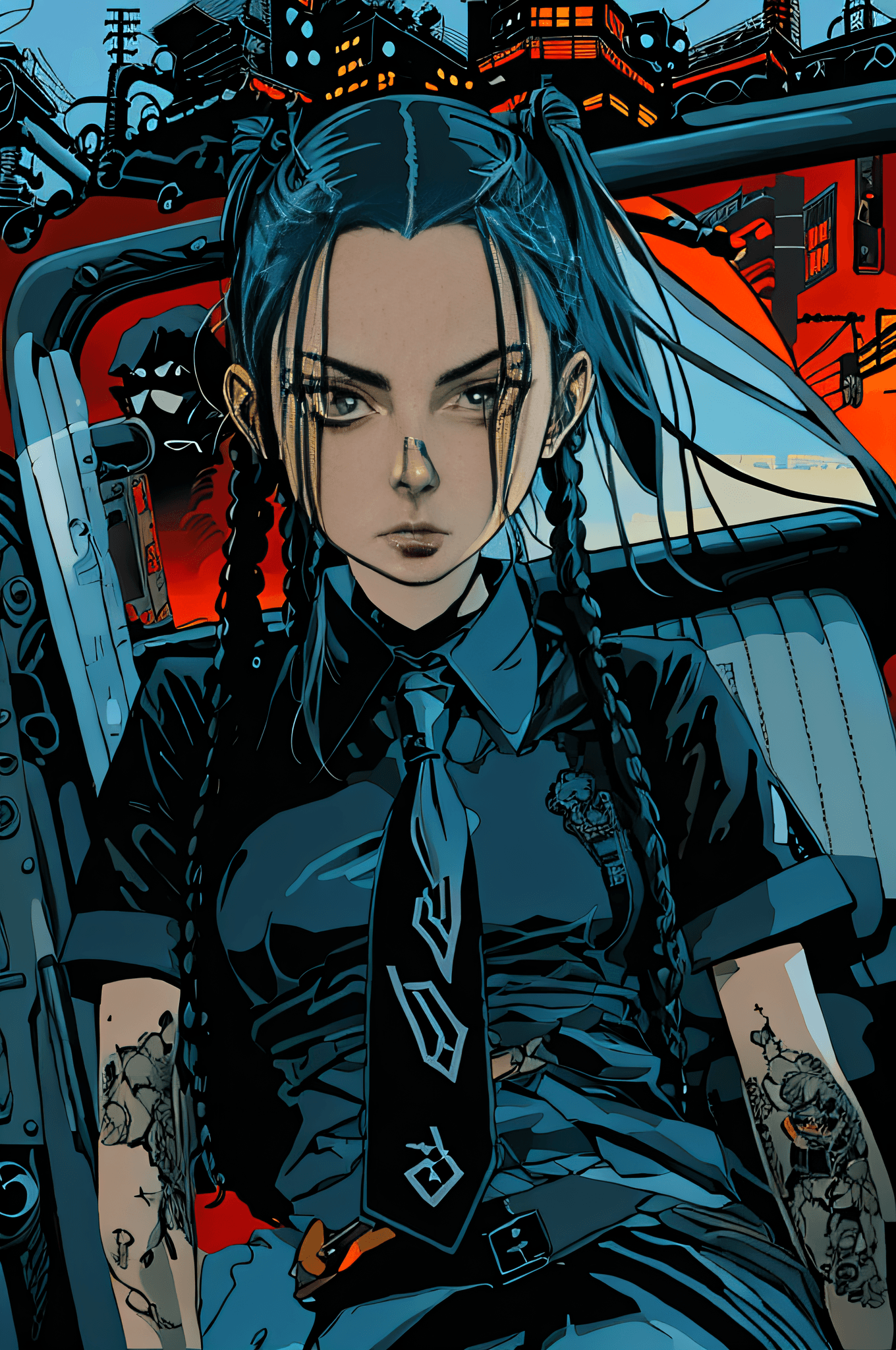 AI generated: anime girl sitting in a car with long hair and a tie, black lagoon, black lagoon manga, inspired by ...