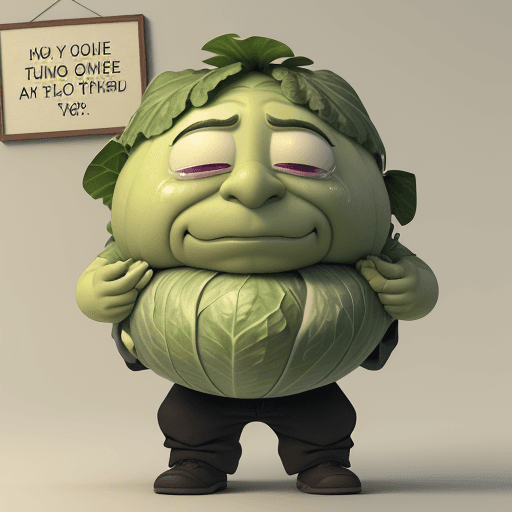 AI generated: An illustration of a man carrying a very large anthropomorphic cabbage crying with real tears in its...