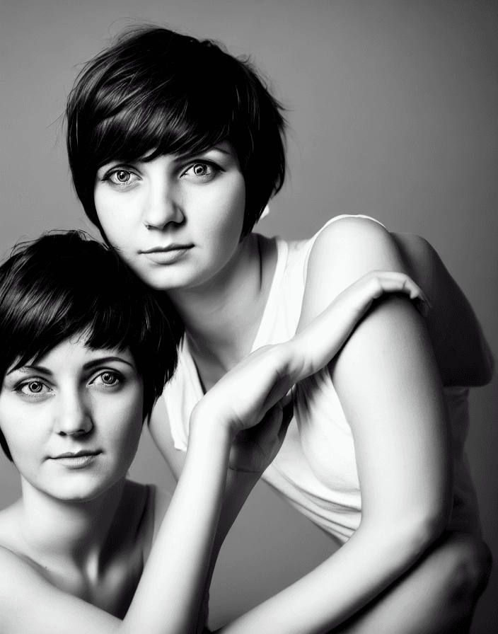 AI generated: Photographic portrait of women, short hair, front photo, black and white photos, high quality, many ...