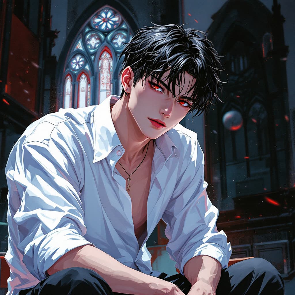AI generated: anime male, white shirt, red eyes, ilya kuvshinov style, black hair, urban male fanart, korean anime...