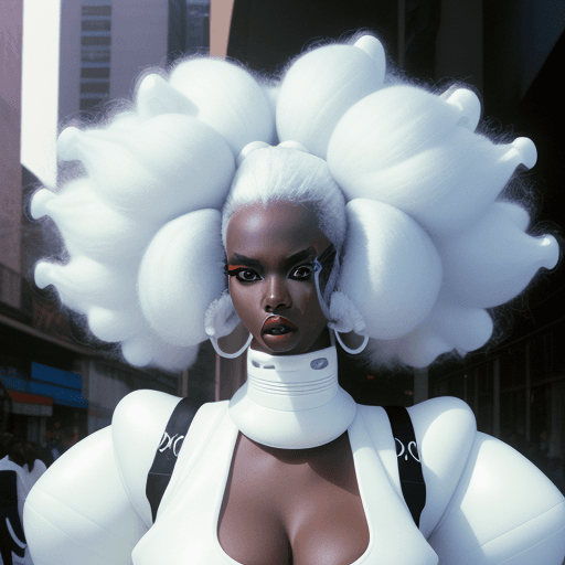AI generated: futuristic fashion shoot, female African model, big white hair, white inflatable streetstyle clothes...
