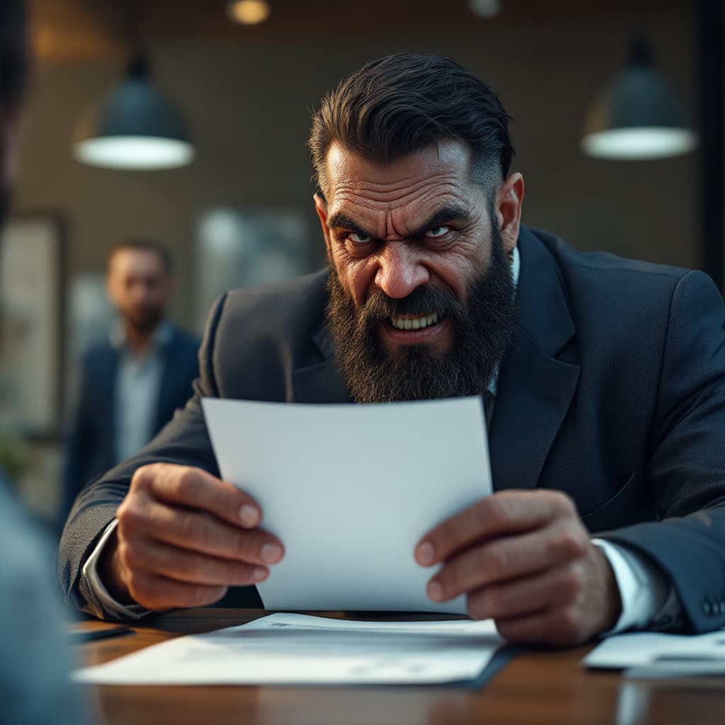 AI generated: nasty looking employer gives a contract to an employee, in the background a mean capitalist watches ...