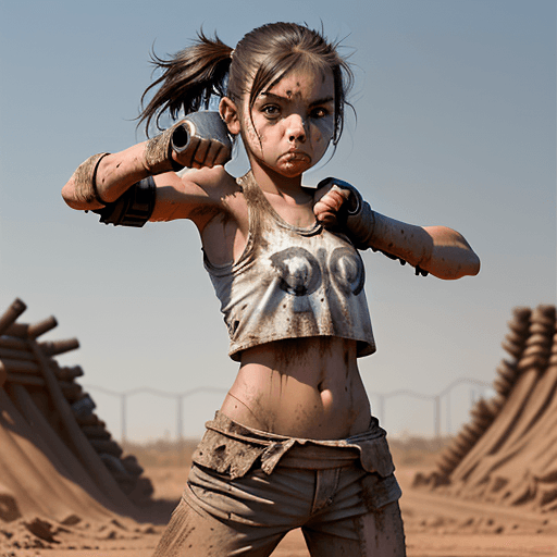 AI generated: a rebel girl standing in a fighting pose covered in dirt with a runny nose and fists up determined l...