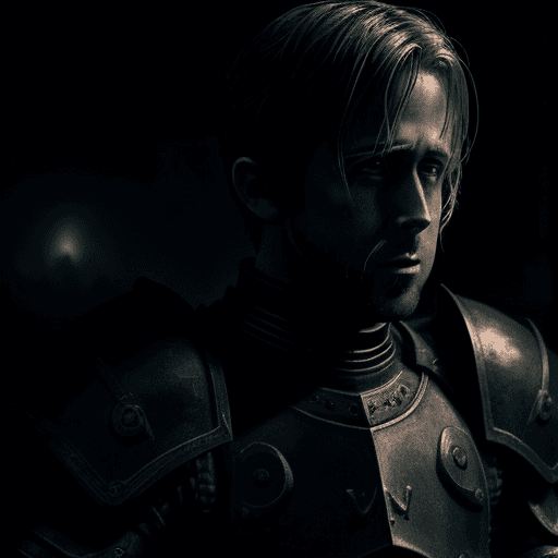 AI generated: Ryan Gosling wearing black armour, High resolution, dark palette, Fear and Hunger video game, bellic...