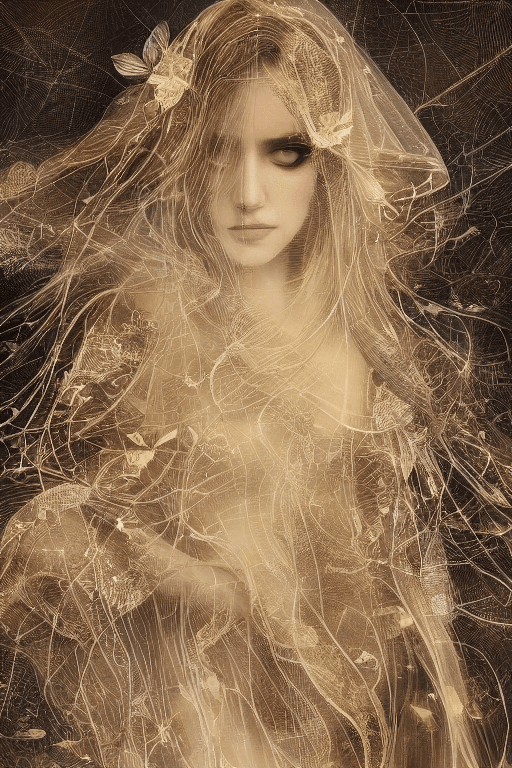AI generated: 1woman,beautiful,long hair,gold lining,veil, by Minjae Lee, Carne Griffiths, Emily Kell, Steve McCur...