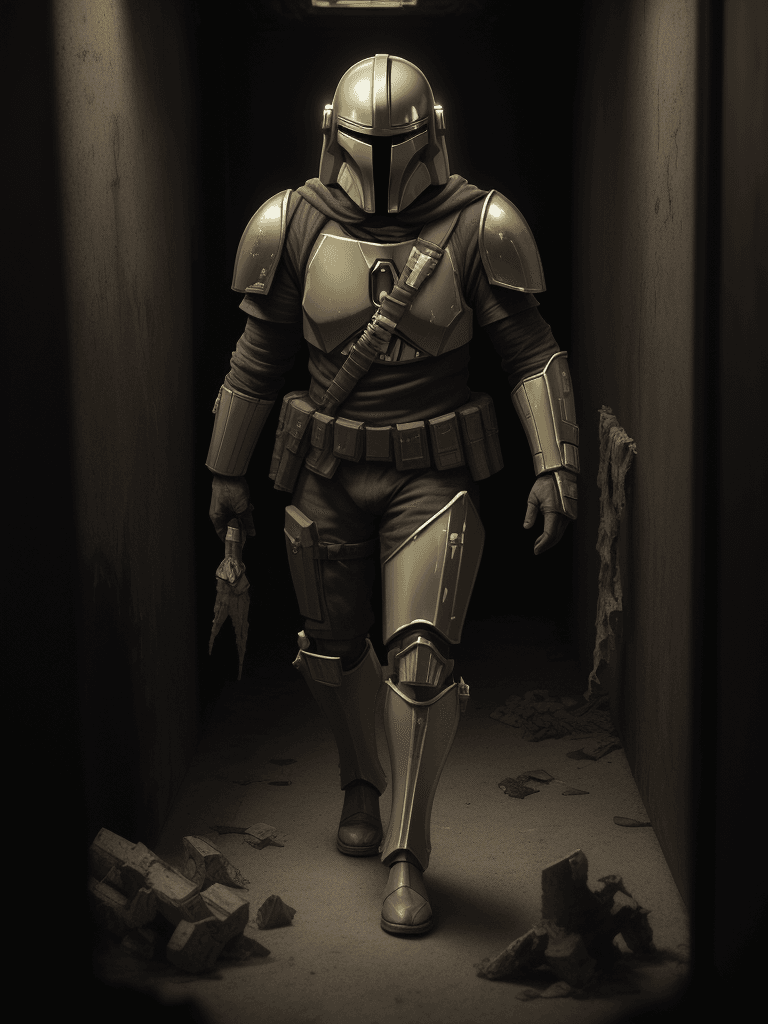 AI generated: A haunting scene of a mandalorian with a golden armor| golden armor(glowing eyes:1.2)| Staggering th...