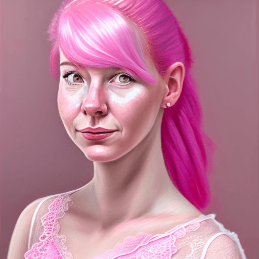 AI generated: A woman wearing pink hair in a pink lace dress, in the style of hyperrealism and photorealism, UHD i...
