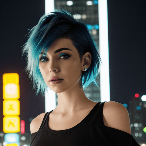 AI generated: urban, woman, empowered,neon, soul, short blue hair,