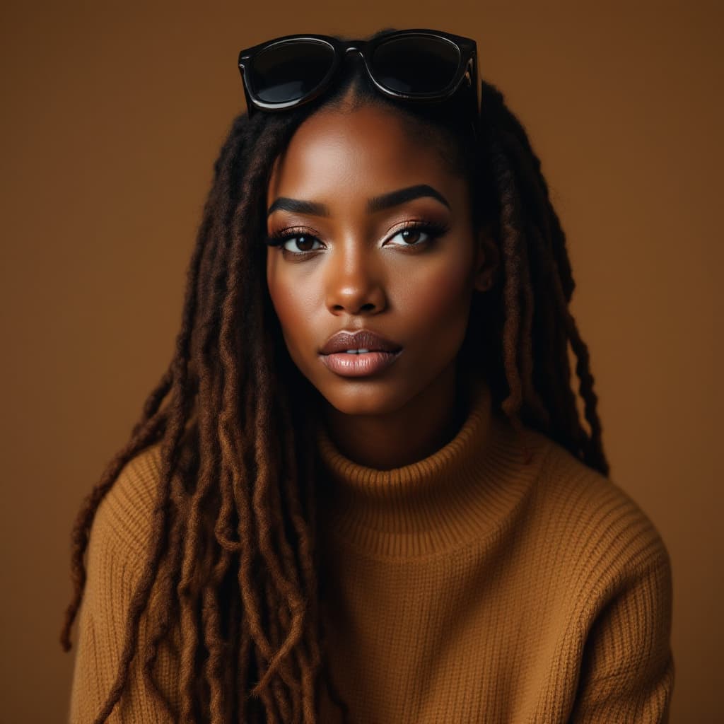 AI generated: A 31-year-old African-American woman with golden brown skin and long faux locs, wearing a camel-colo...