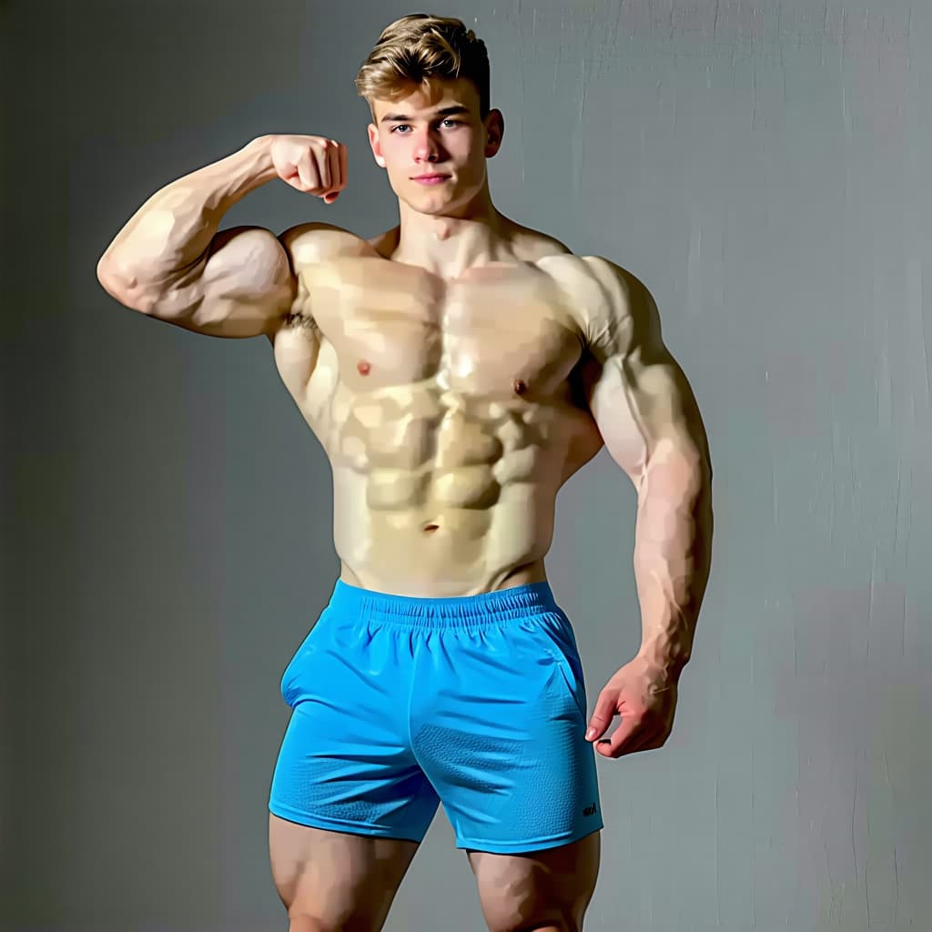 AI generated: Male 20-year-old bodybuilder  wearing shorts, Flexing his right biceps 