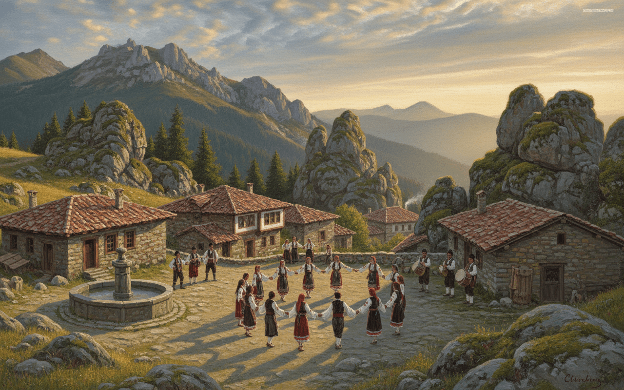 AI generated: old village on top of the mountain, bulgarian folklore, Balkan, rocks in Bulgaria from the time of T...