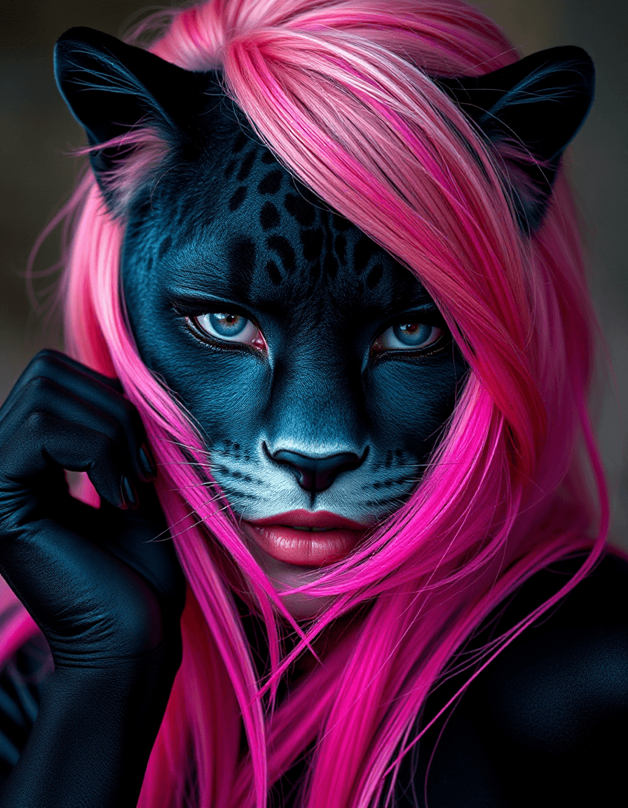 AI generated: A beautiful pink hair girl , face is a black panther, making a naughty pose, Fashion photography, su...