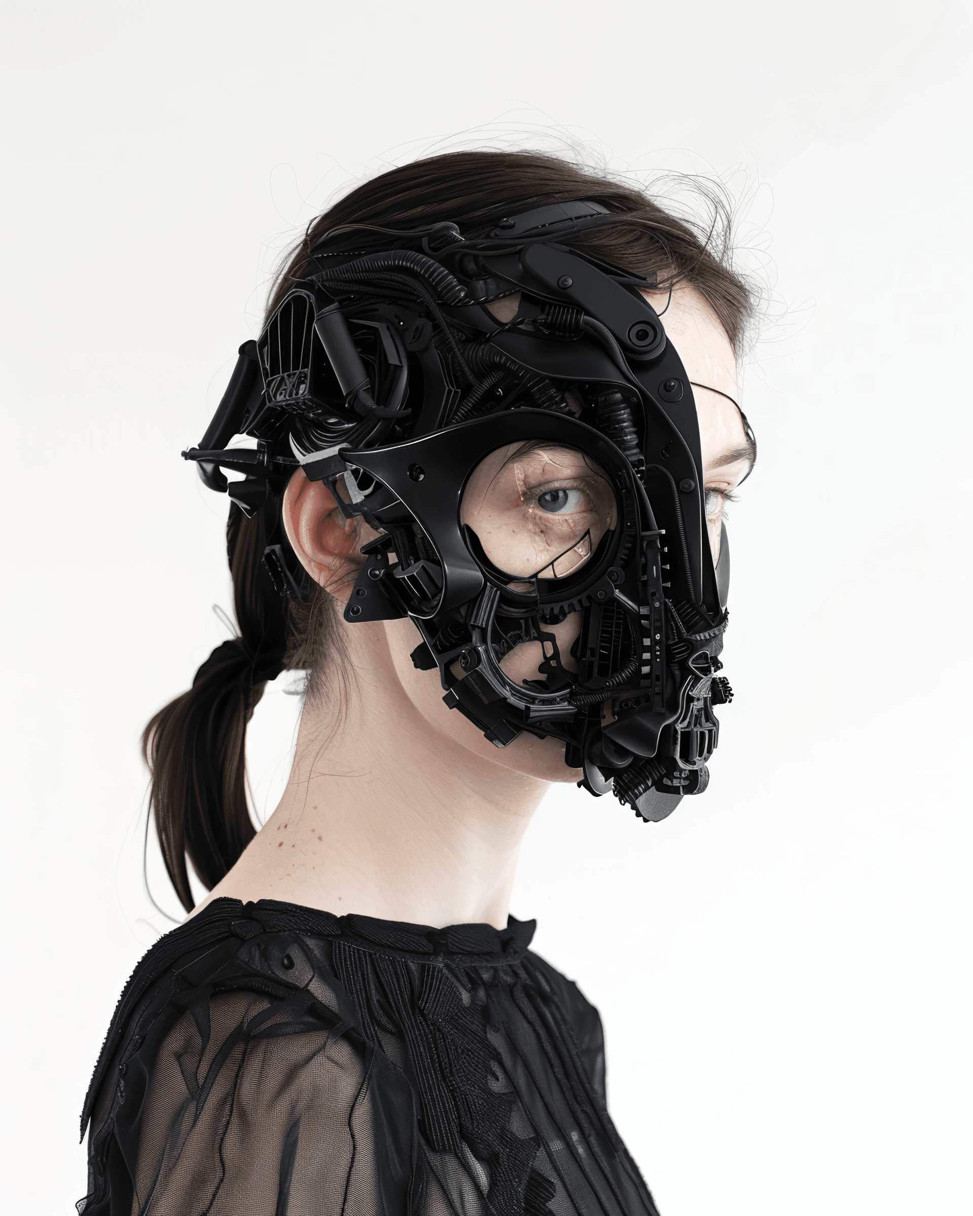 AI generated: A woman with half of her face covered in black plastic, and the other side is made up in the style o...