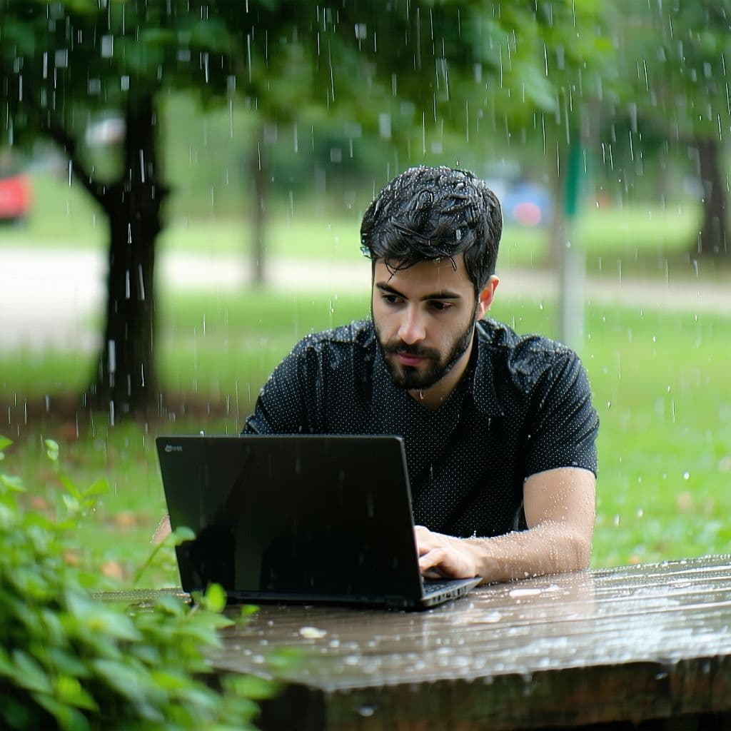 AI generated: Hombre trabajando en en el parque con un ordenador portatil en un dia de lluvia
