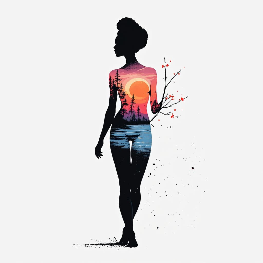 AI generated: A minimalist, t-shirt design with a vintage twist, a sleek and stylized unclad woman body silhouette...