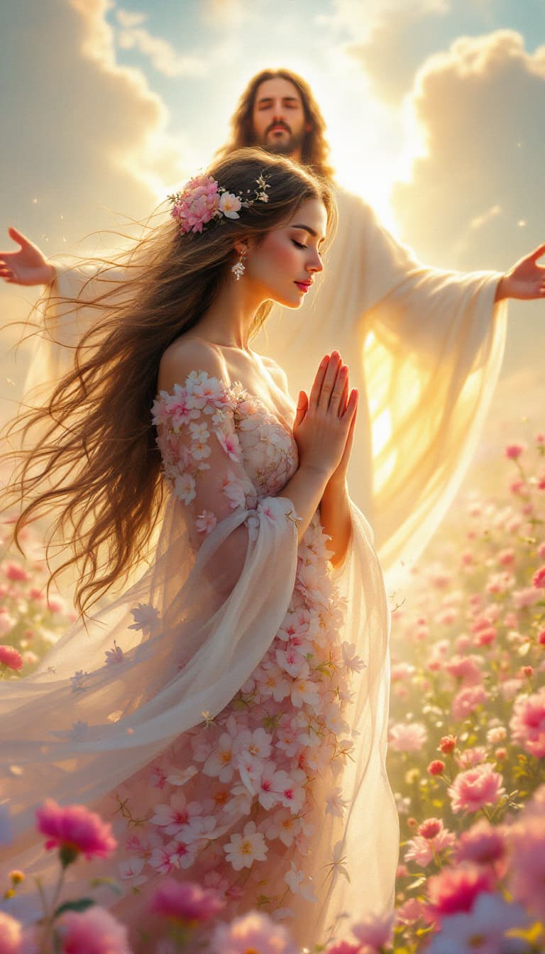 AI generated: A breathtaking illustration of a woman with her hands gracefully folded in prayer, standing amidst a...