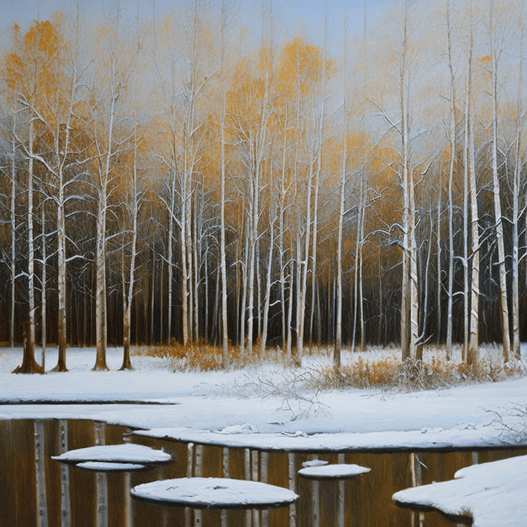 AI generated: a painting of some trees in the snow, an oil painting, shutterstock, american scene painting, birch ...