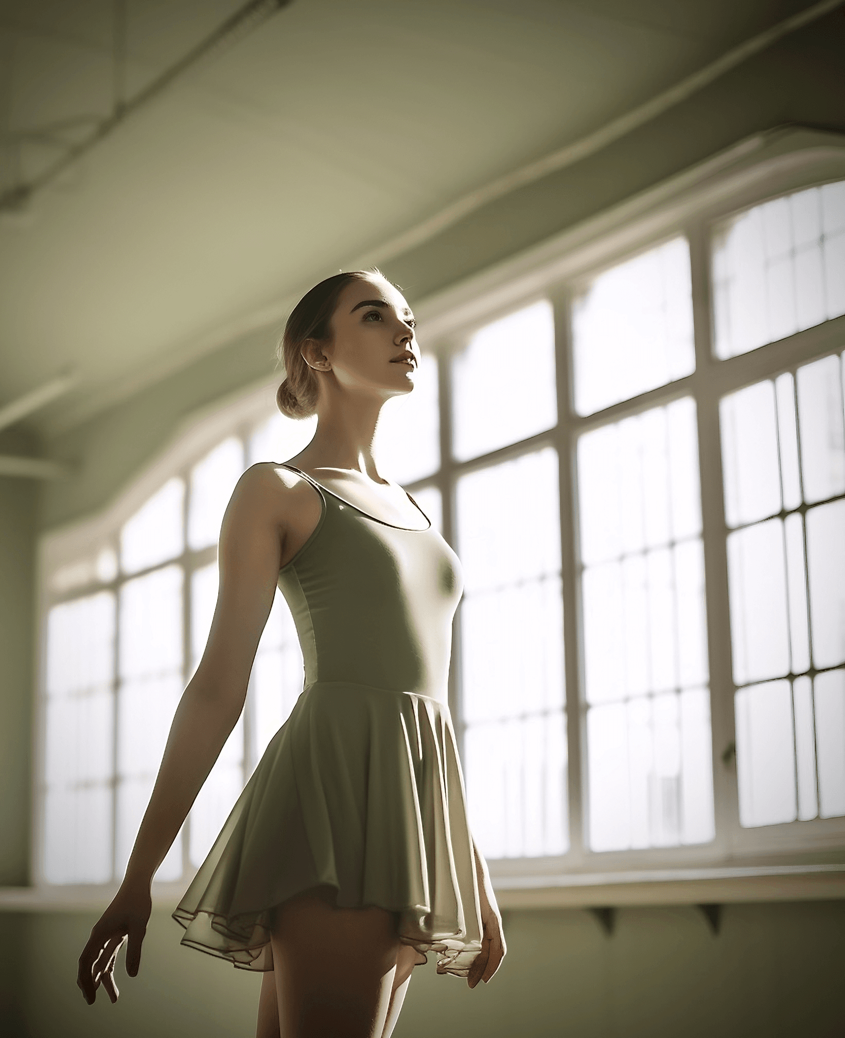 AI generated: low angle full body shot of a beautiful elegant teen ballerina in a dance studio posing for a photog...