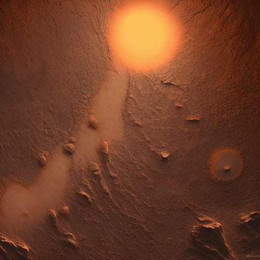 AI generated: 
a desolate, reddish landscape with vast stretches of rocky terrain, the surface is harsh, dusty, an...