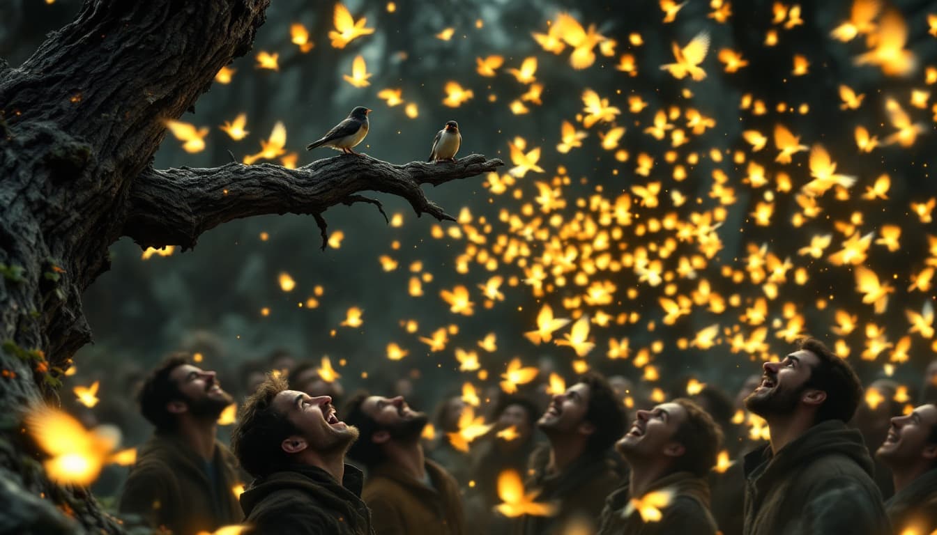 AI generated: Prompt: Insert of a gnarled tree branch, a single sparrow lands, camera zooming out to reveal flocks...