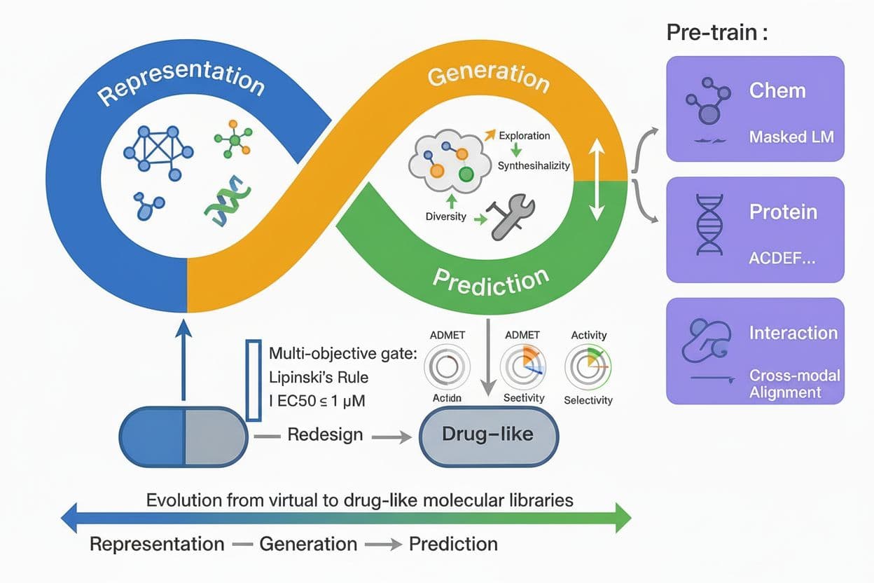 AI generated: Scientific infographic illustrating an AI-driven closed-loop framework for virtual molecular library...