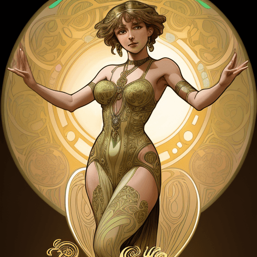 AI generated: Alphonse Mucha style, Art nouveau style. female dancer. Transitions into a hip-shaking act, every cu...