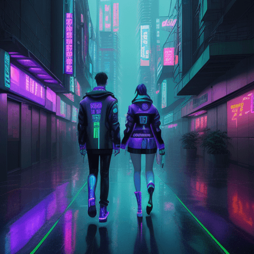 AI generated: High-resolution digital art cover music, cyberpunk future Tokyo city street, wet floor, a young adul...