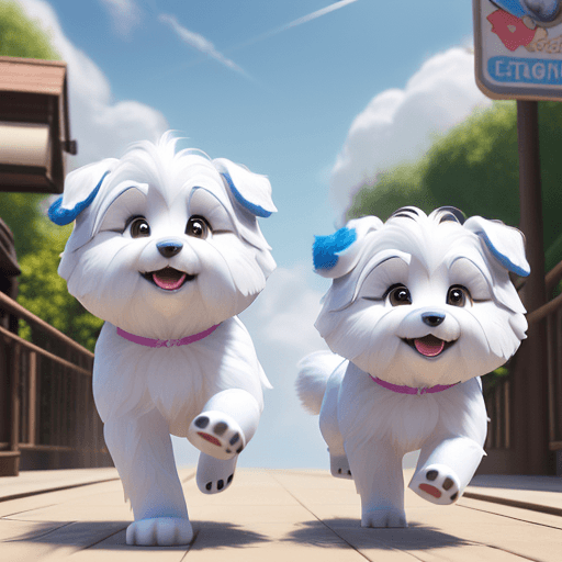 AI generated: Create a movie poster for Lumi and Tuisku, two cute Coton de Tulear dogs running happily, Disney Pix...