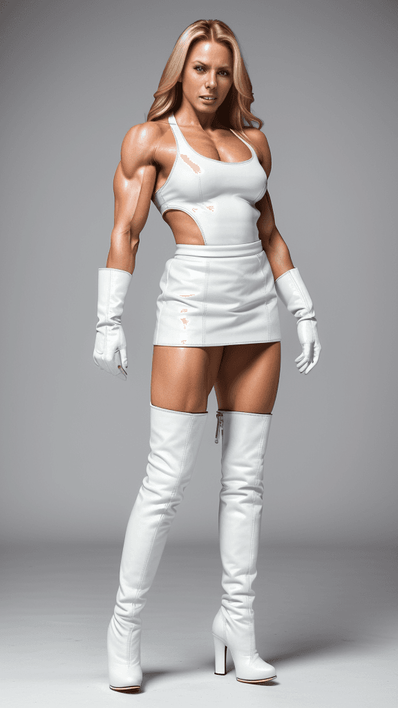 AI generated: 30 year old Girl as super strong muscular woman, toned biceps, long blonde hair, wears white Leather...