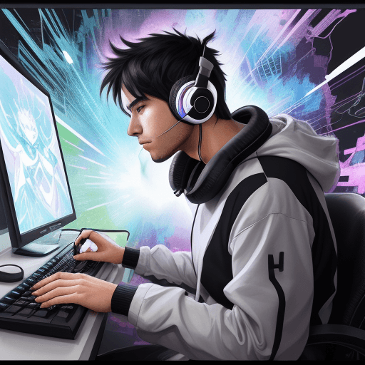 AI generated: male, typing on keyboard, wearing headphones, looking towards viewer, active pose, hyperanime, scetc...