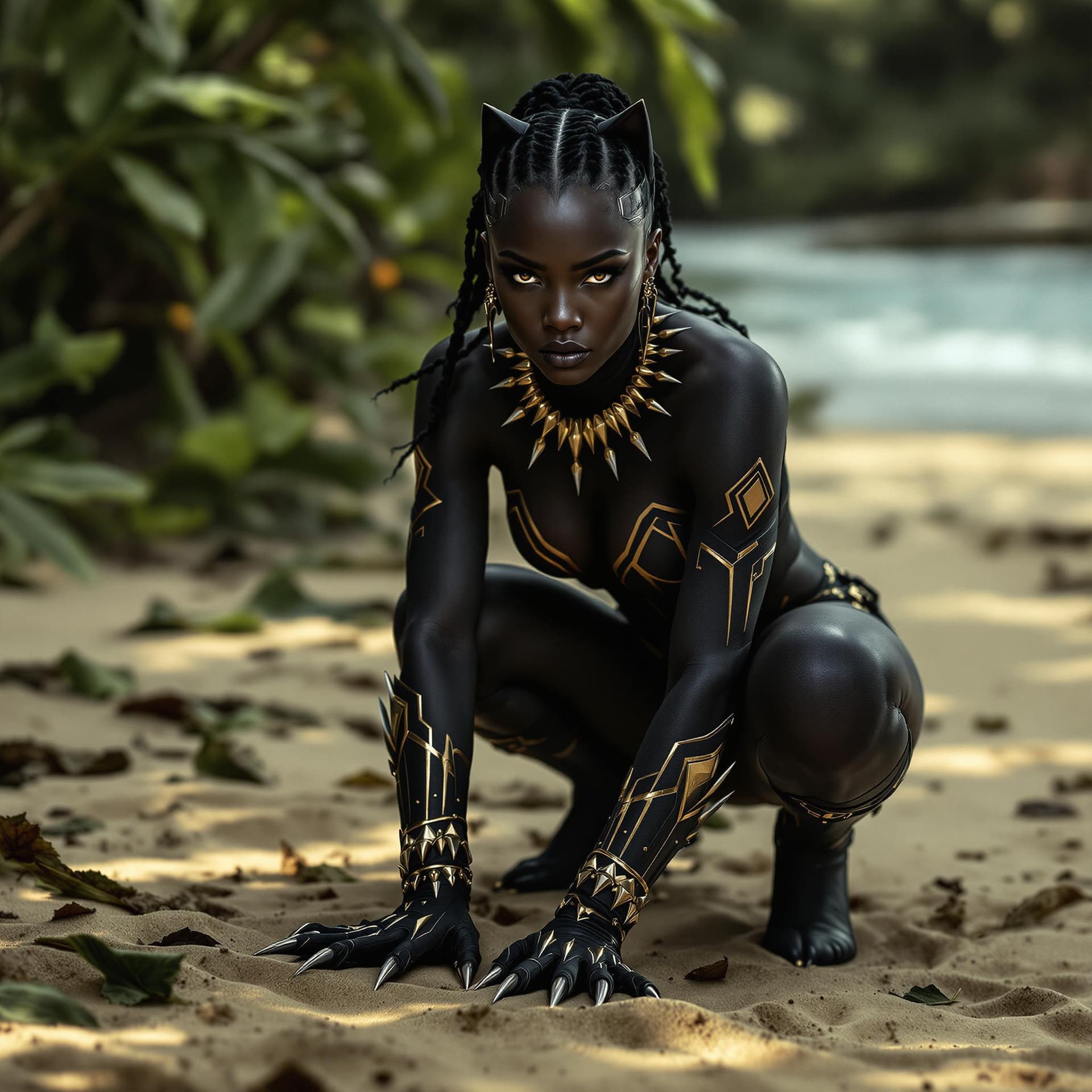 AI generated: A fierce female Black Panther homage with sleek dark skin-tight swimwear patterned like vibranium ar...