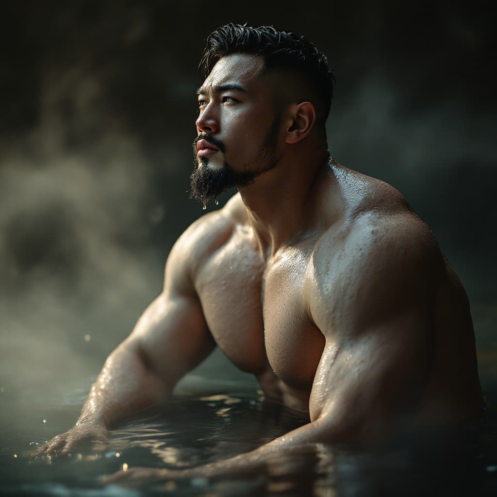 AI generated: fashion editorial, a Asia man, big muscle, white skin,detailed eyes,high quality, a photograph of a ...